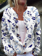 Vintage Floral Bird Print Cardigan for Women