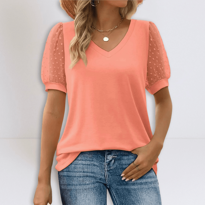 Linda | Sheer Sleeve V-Neck Top