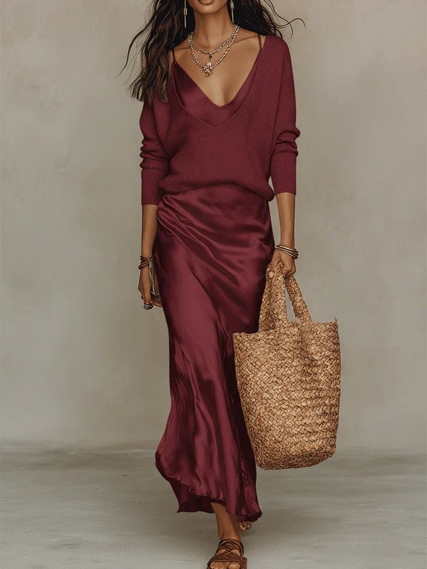 Elena™ | Satin Midi Dress with Matching Sweater