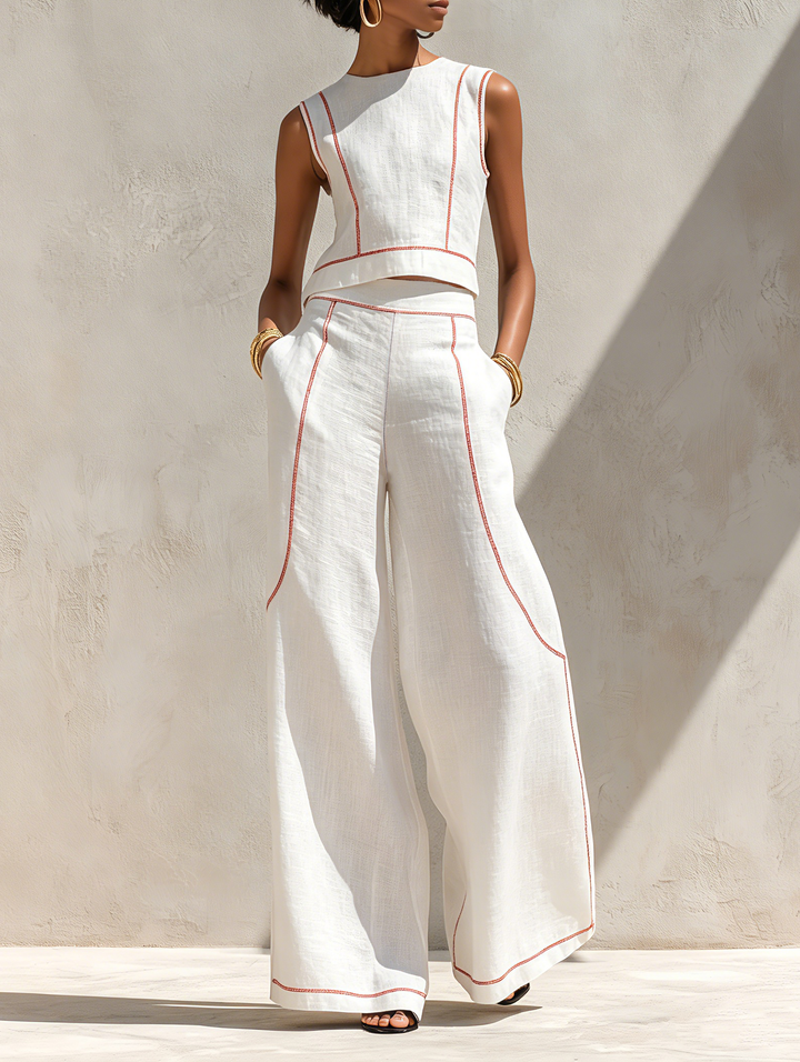 Cotton-Blend Contrast-Stitched Pants Set