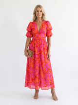 Stella & Grace™ | Floral V Neck Puff Sleeve Midi Dress
