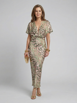 Ellis & Johnson™ | Abstract Print V Neck Twist Waist Midi Dress