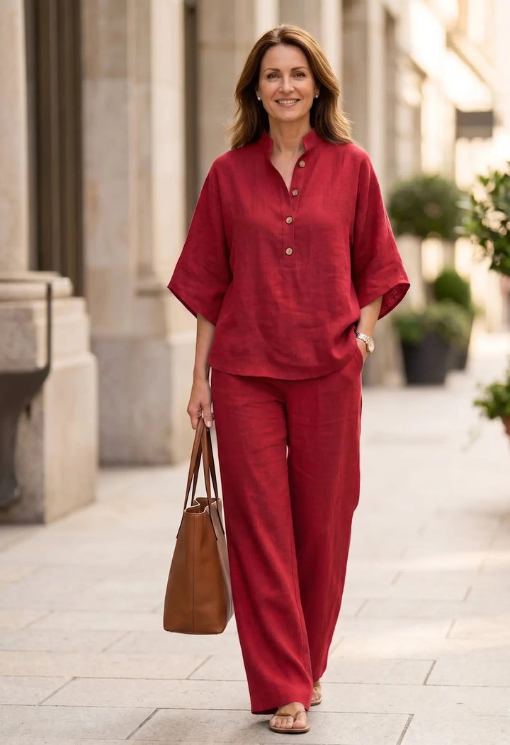 MARIBEL | Linen outfit with batwing sleeves and wide-leg trousers