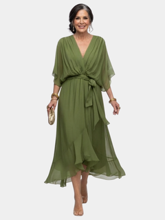 Elysia | V Neck Draped Waist Tie Midi Dress