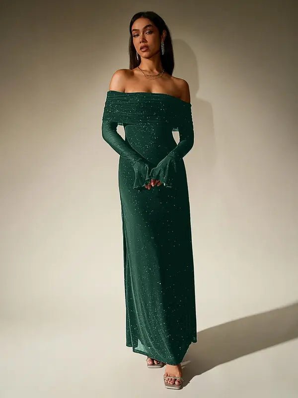 ANDREA™ - Women's Off-The-Shoulder Ruched Contrast Sequin Bodycon Dress