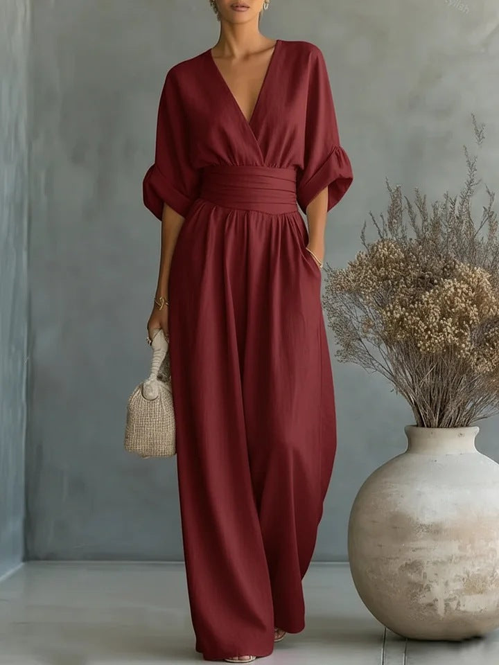 Slimelle | V Neck Wide Leg Jumpsuit