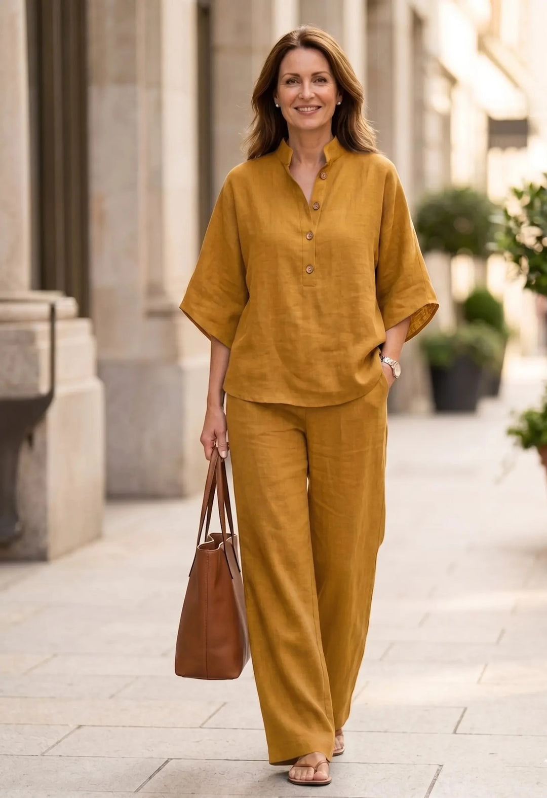 MARIBEL | Linen outfit with batwing sleeves and wide-leg trousers