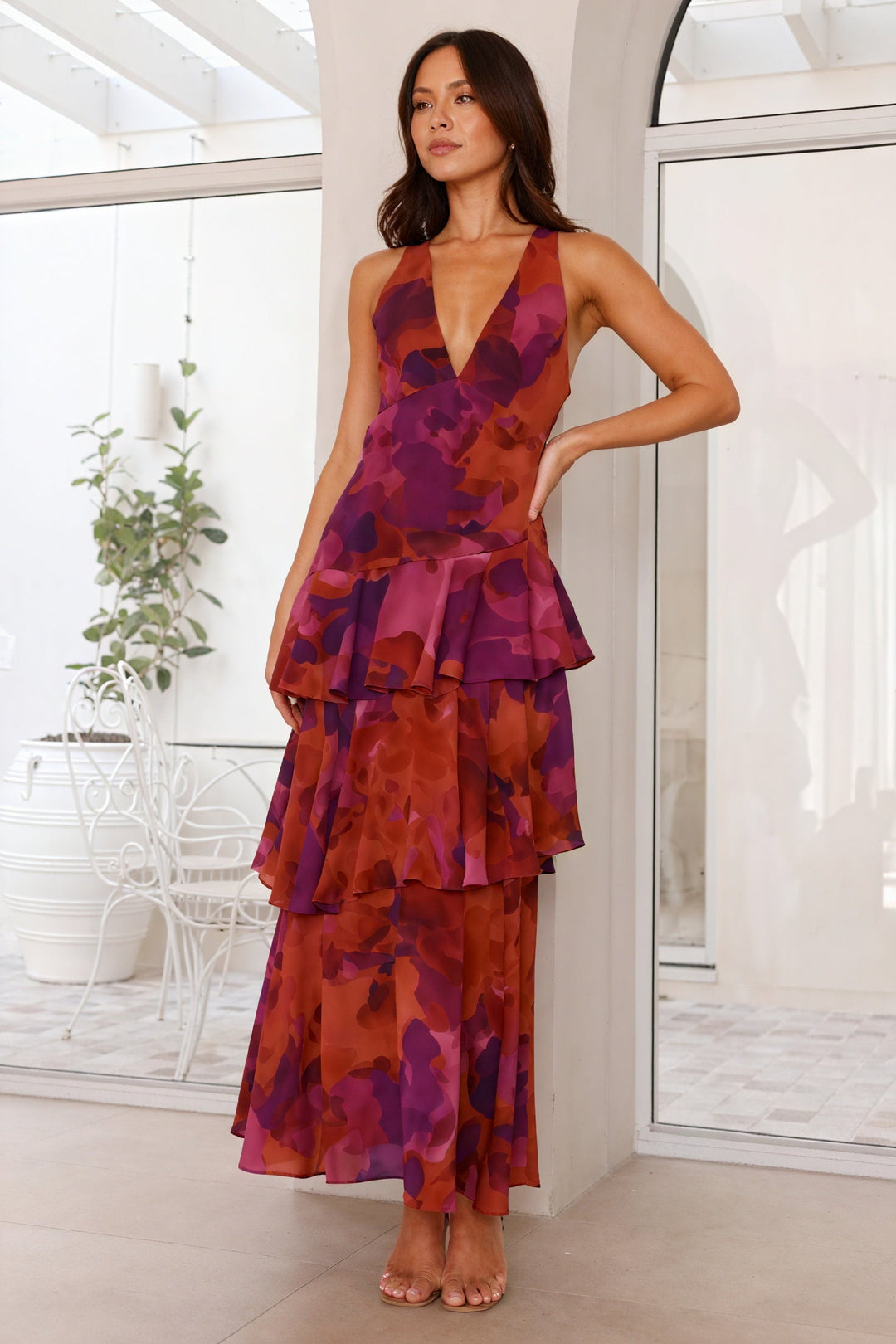 Floral Print Dress with Deep V-Neck