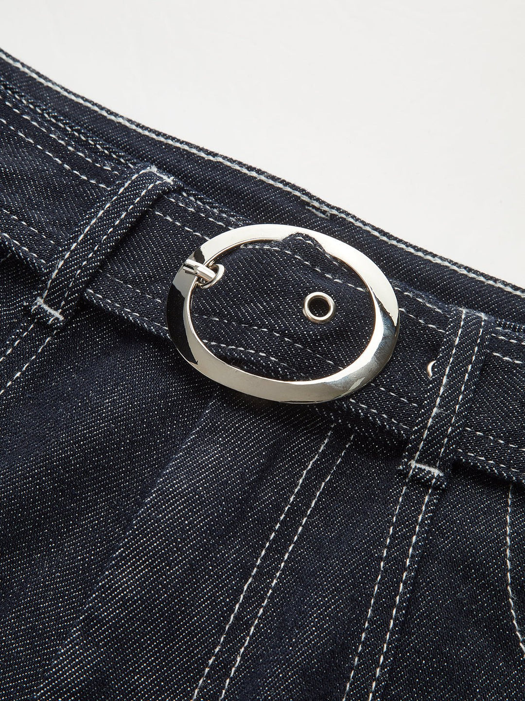 Denim Contrast-Stitch Pants with Belt