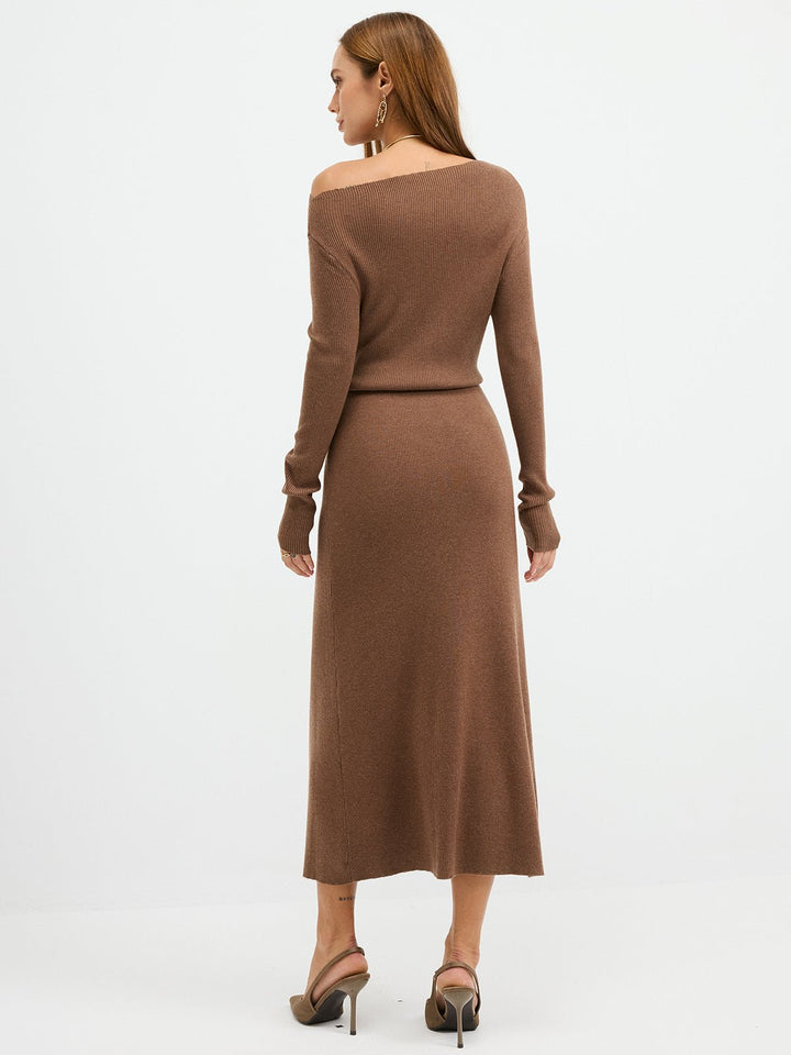 Off-Shoulder Ribbed Wool Blend Maxi Dress