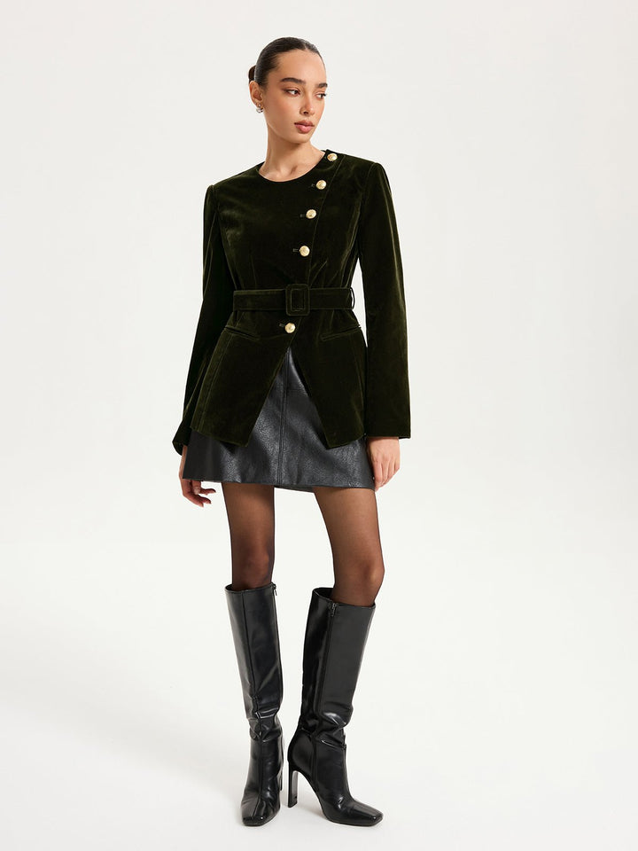 Velvet Button-Front Asymmetric Blazer