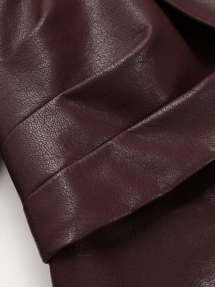 Collared Faux Leather Cropped Cross-Front Top