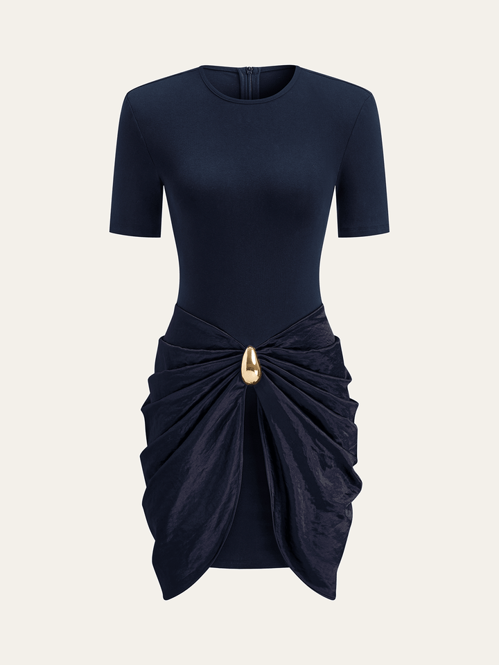 Short Sleeve Ruched Metal Buckle Dress