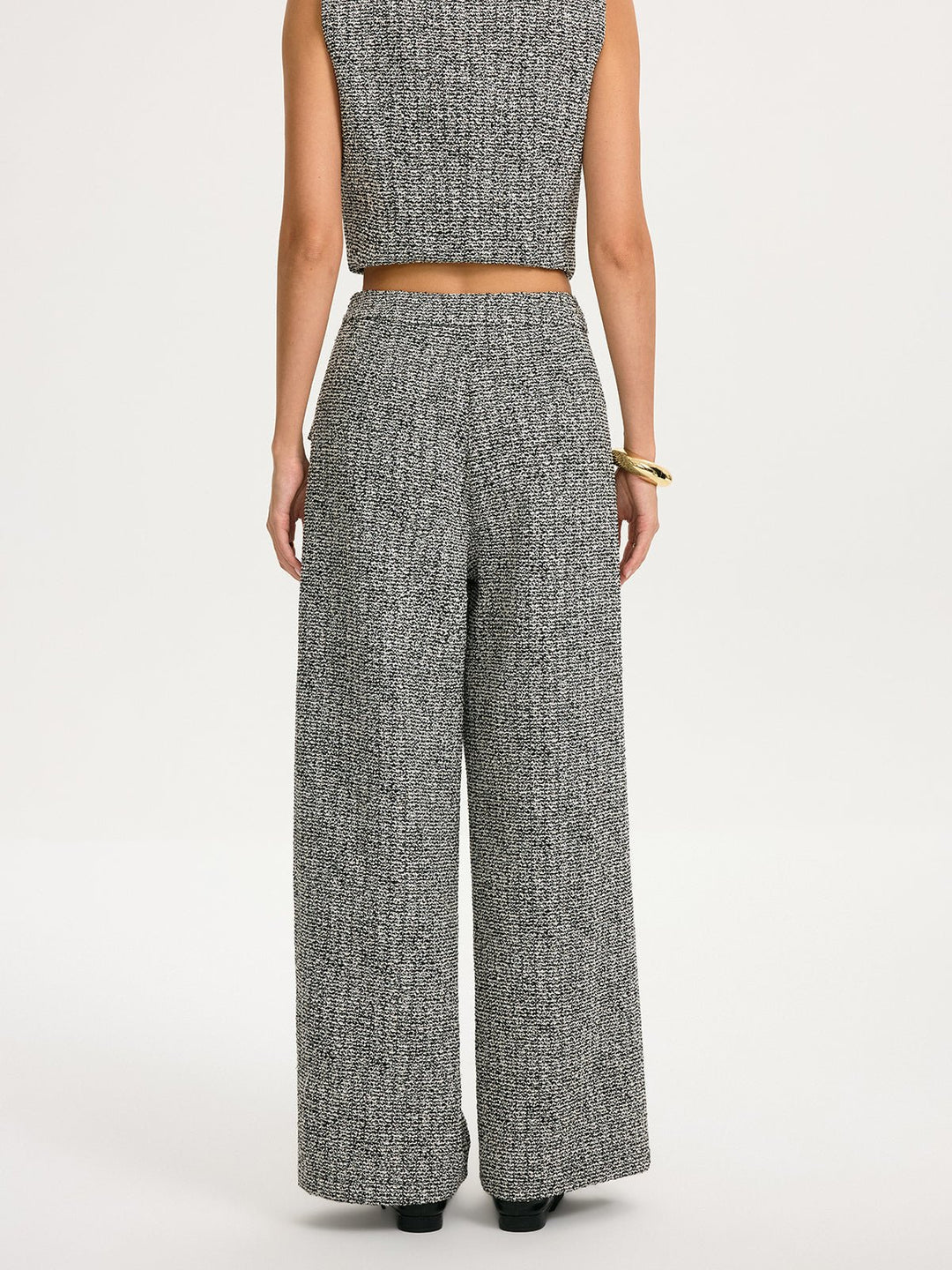 Metal Detail Tweed Wide-Leg Pants
