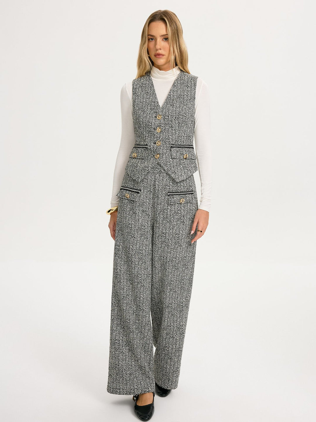 Metal Detail Tweed Wide-Leg Pants