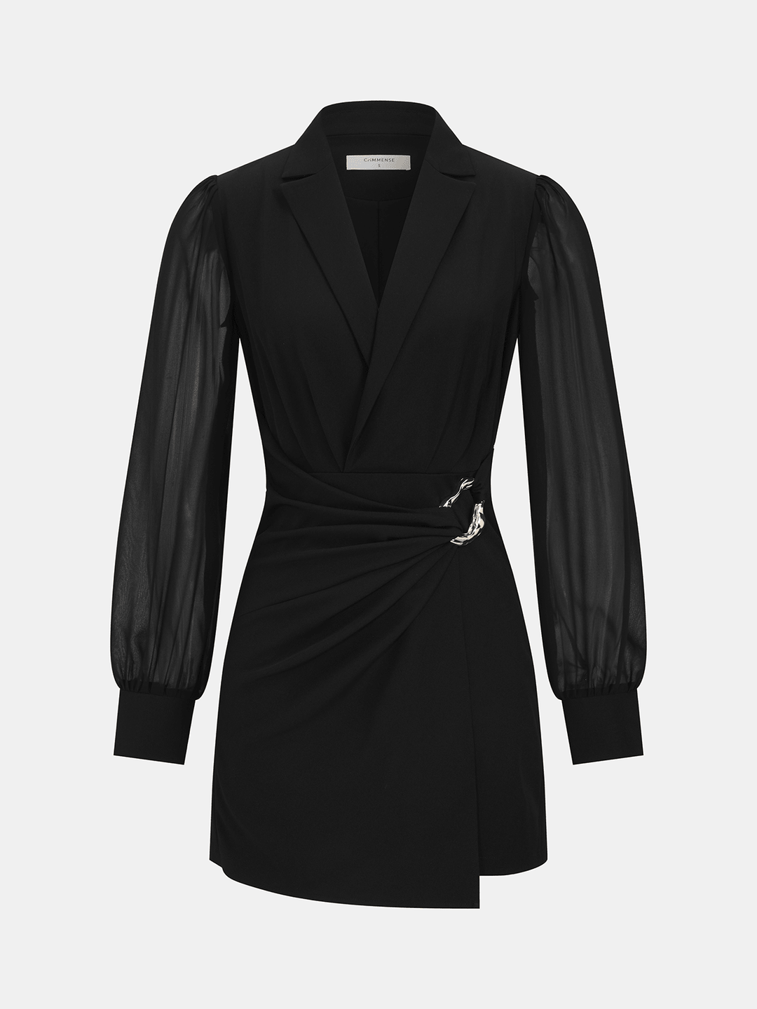 Sheer-Sleeve Metal Buckle Blazer Dress