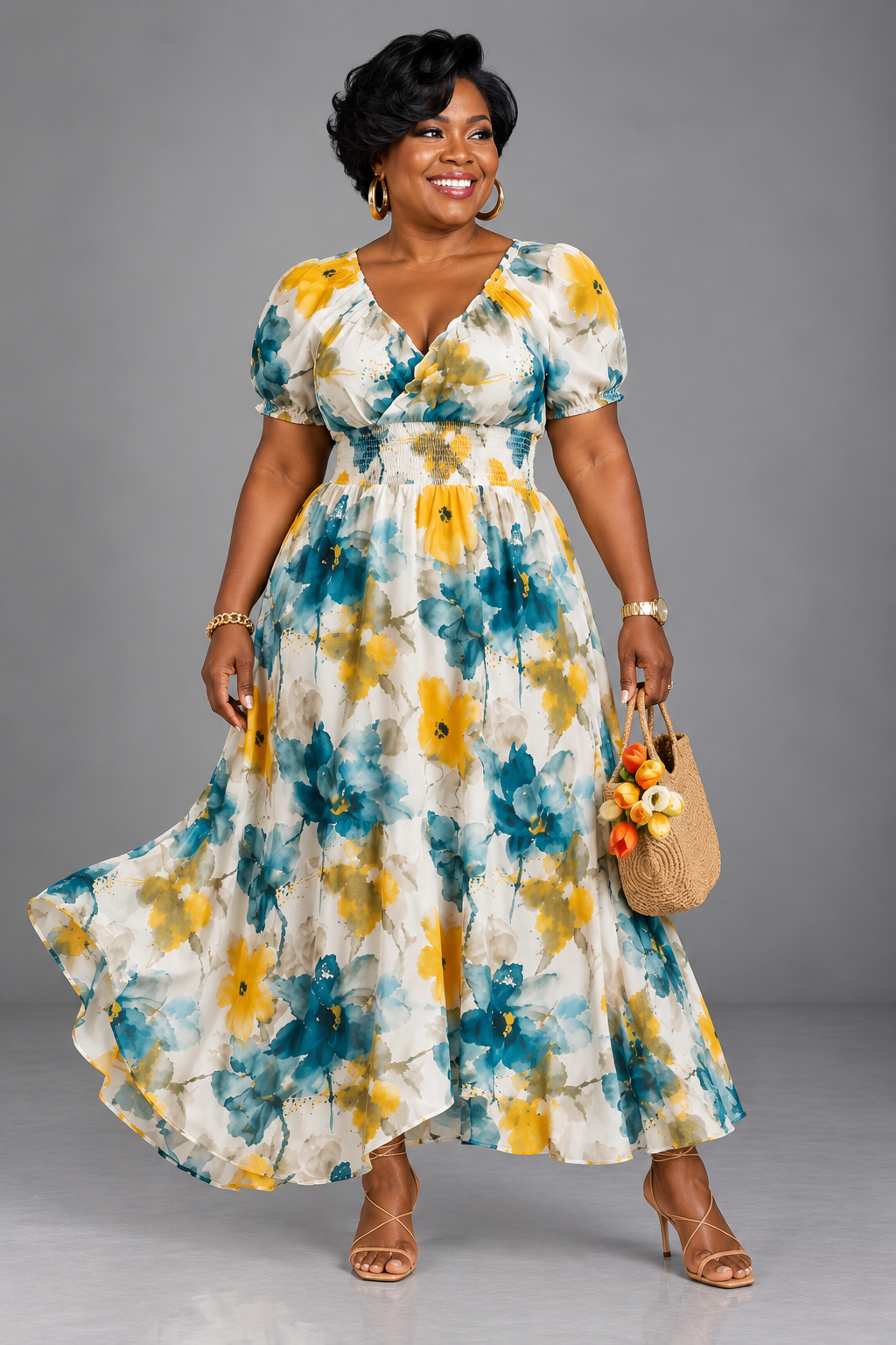 Chinyere | Shirred Floral V-Neck Maxi