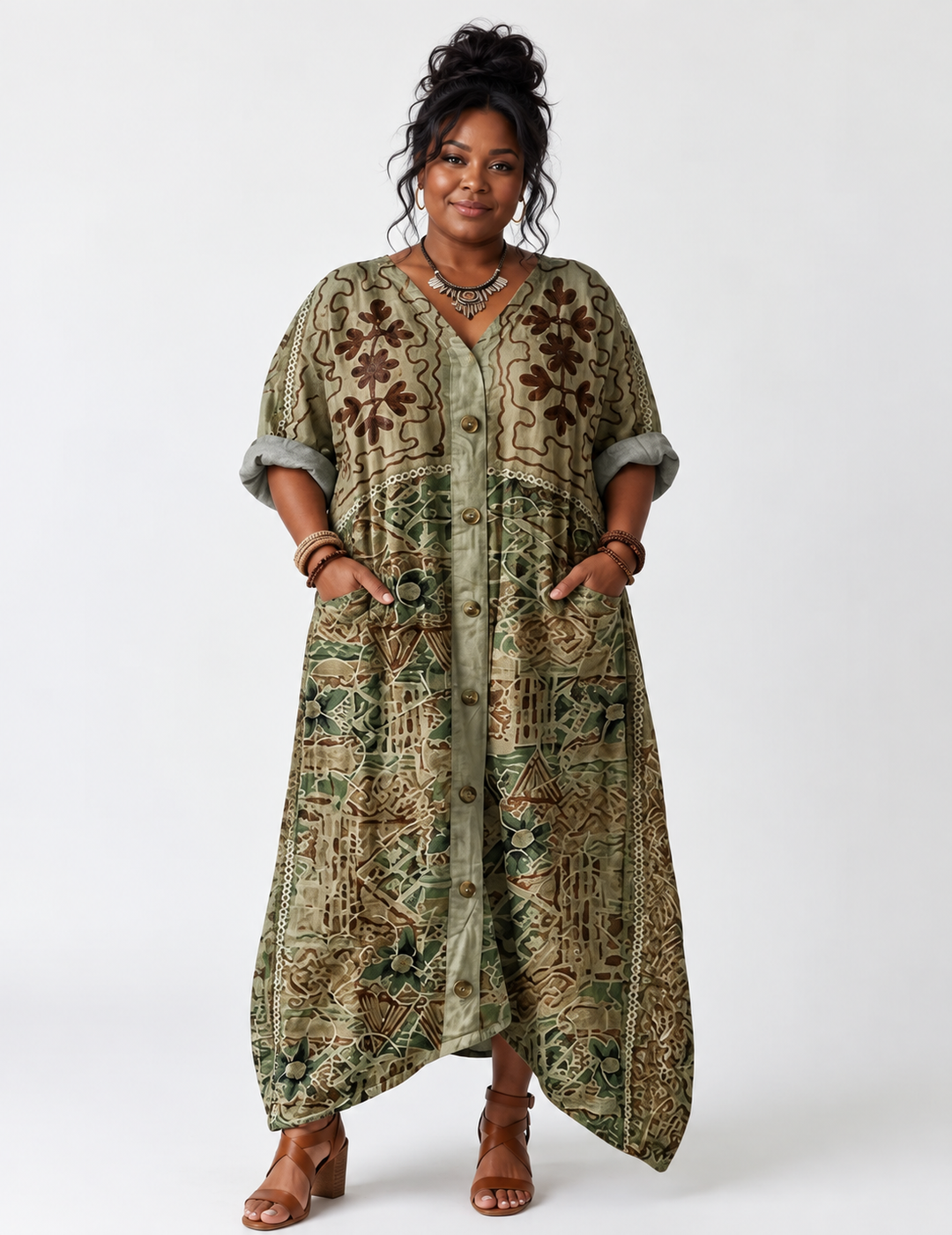 Aleta | Button Front Oversized Pocket Midi Dress