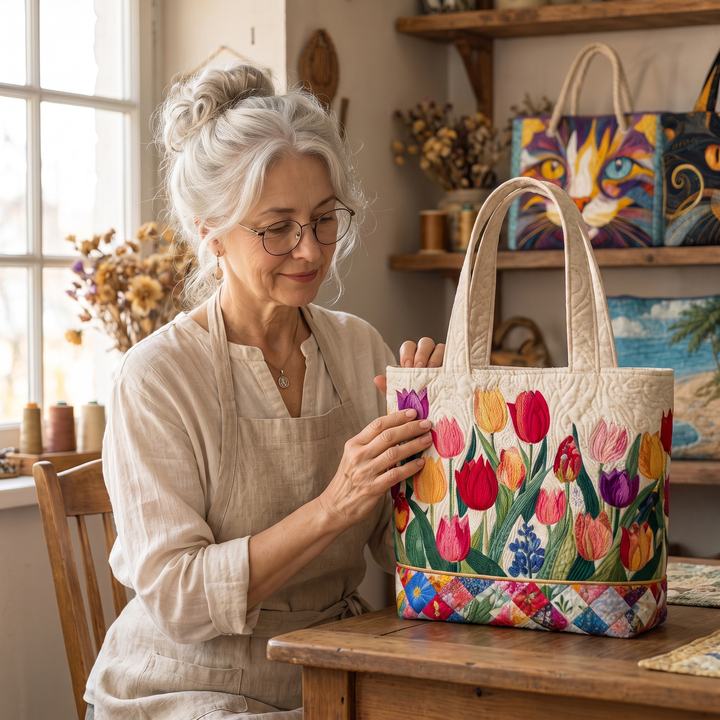 Quilted Tote Bag - Tulip Garden
