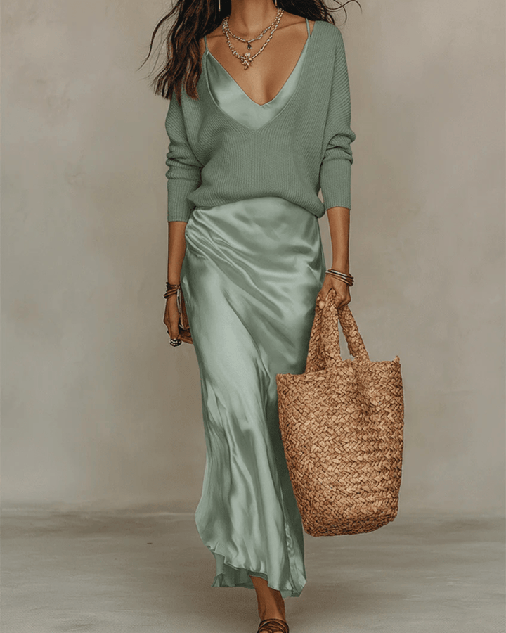Elena™ | Satin Midi Dress with Matching Sweater