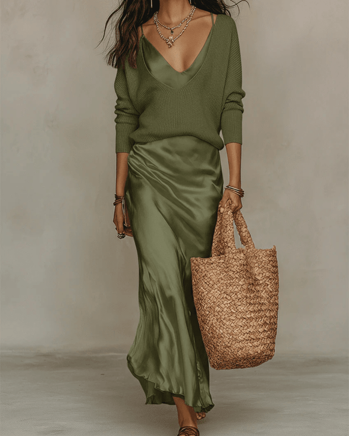 Elena™ | Satin Midi Dress with Matching Sweater