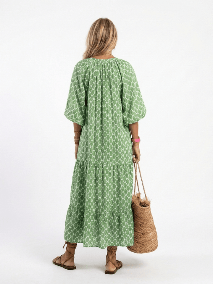 APOLLINE™ | Three Quarter Sleeve V Neck Patterned Midi Dress