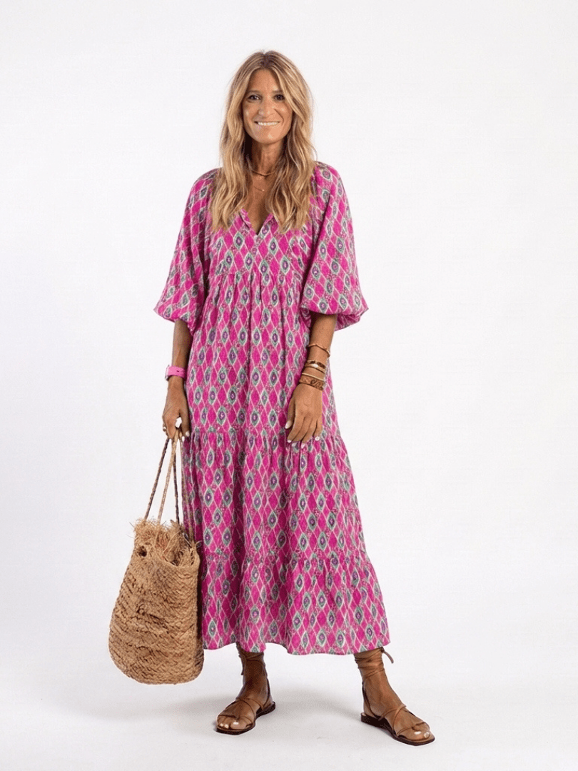 APOLLINE™ | Three Quarter Sleeve V Neck Patterned Midi Dress