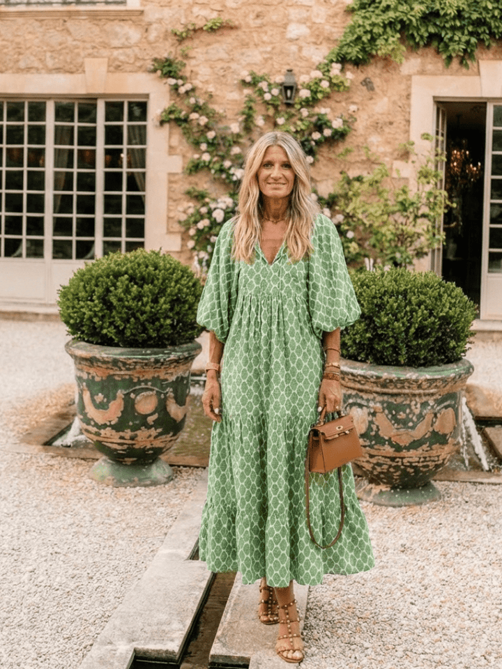 APOLLINE™ | Three Quarter Sleeve V Neck Patterned Midi Dress