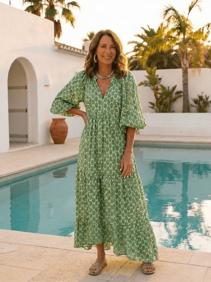 APOLLINE™ | Three Quarter Sleeve V Neck Patterned Midi Dress