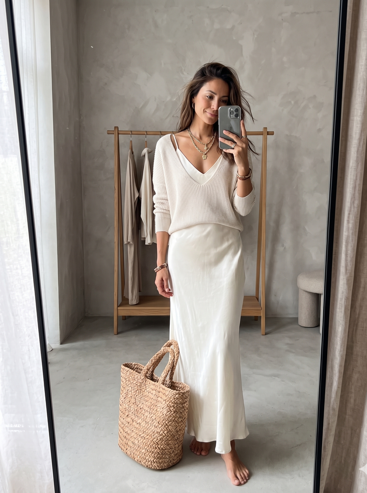 Elena™ | Satin Midi Dress with Matching Sweater