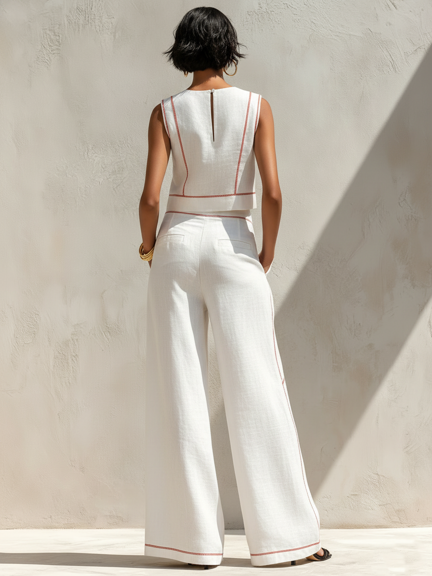 Cotton-Blend Contrast-Stitched Pants Set