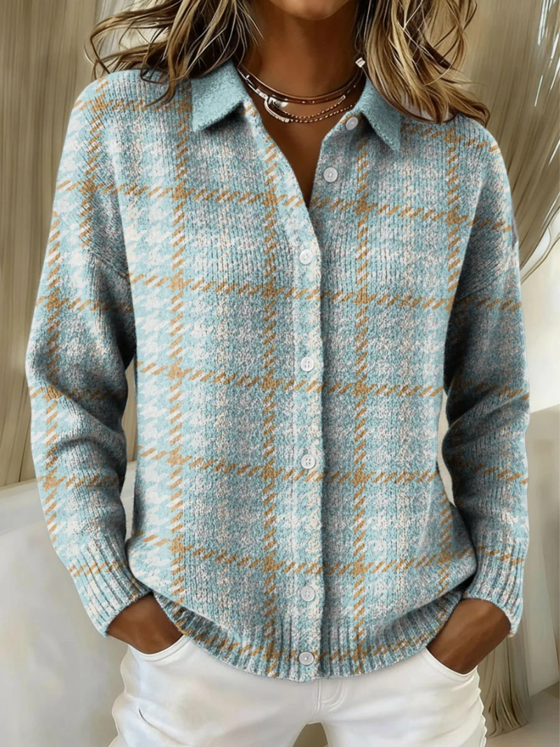 Clara | Sky Plaid Button Knit for Women