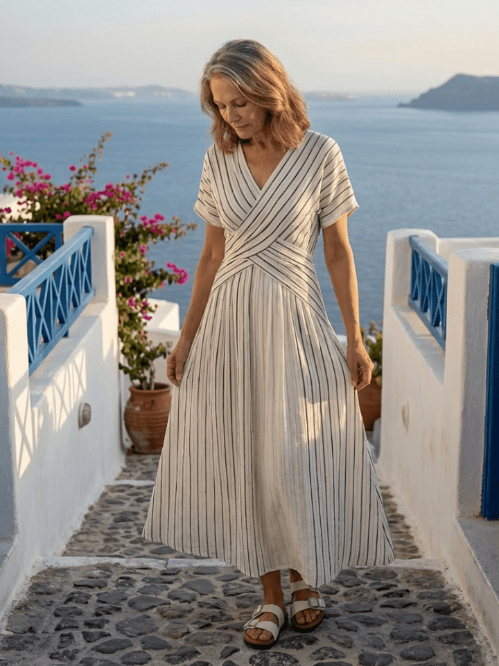 CRESSIDA™ | V Neck Short Sleeve Cross Waist Midi Dress
