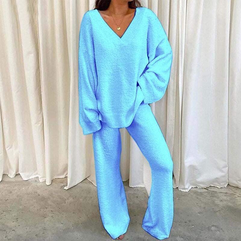 REBECCA™ - Women’s 2-Piece Lounge Set Soft Chunky V-Neck Top & Wide Leg Pants for Homewear