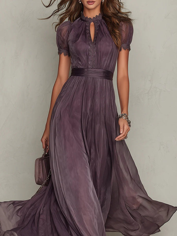 FLAVIA | Long Purple Dress Keyhole Neckline Chiffon Lace Trim