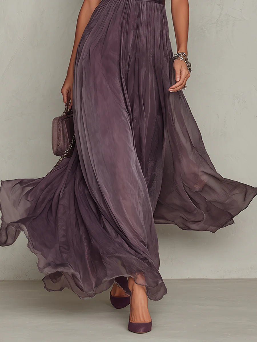 FLAVIA | Long Purple Dress Keyhole Neckline Chiffon Lace Trim