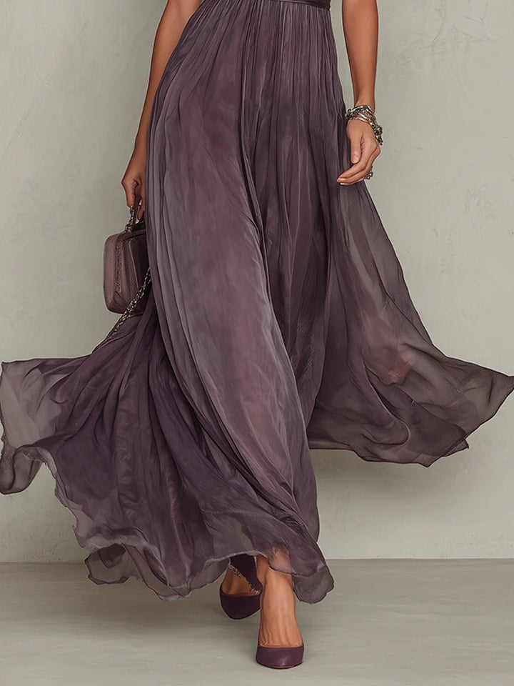 FLAVIA | Long Purple Dress Keyhole Neckline Chiffon Lace Trim