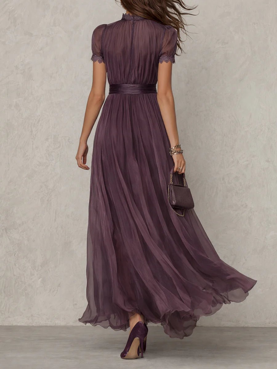 FLAVIA | Long Purple Dress Keyhole Neckline Chiffon Lace Trim