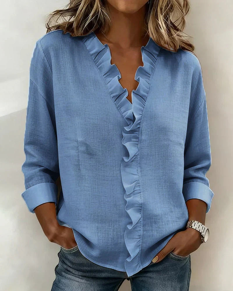 INDIE™ | Blouse with Ruffles, V-Neck and Long Sleeves
