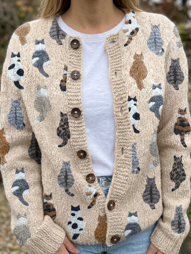 Cosy Cat Print Cardigan for Women