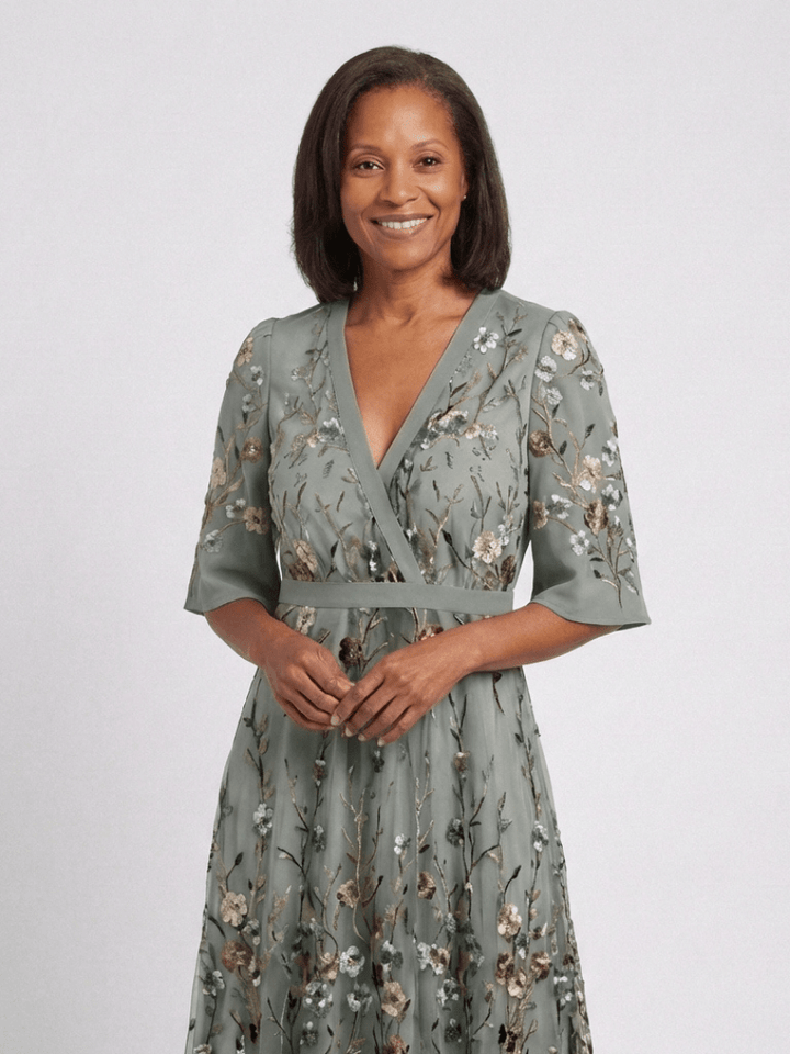 EVADNE™ | Floral V Neck Short Sleeve Maxi Dress