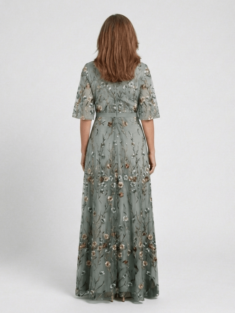 EVADNE™ | Floral V Neck Short Sleeve Maxi Dress