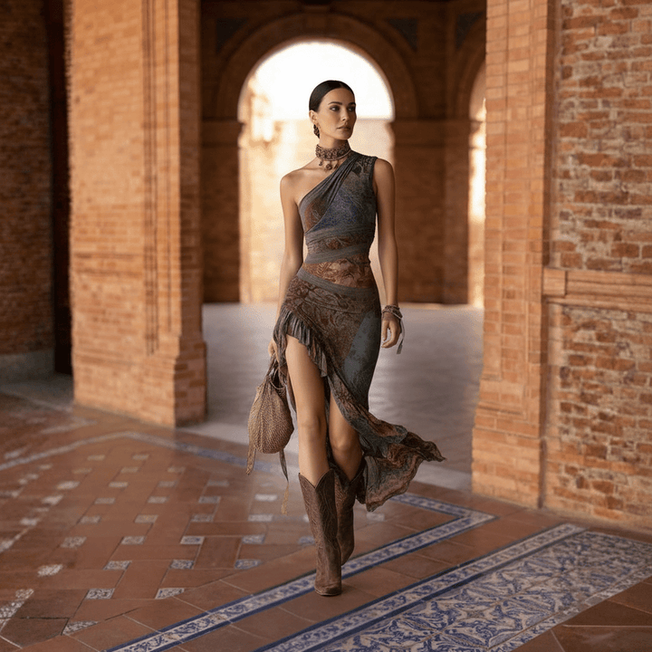 MARIA | Long Asymmetrical Dress with an Ethnic Print