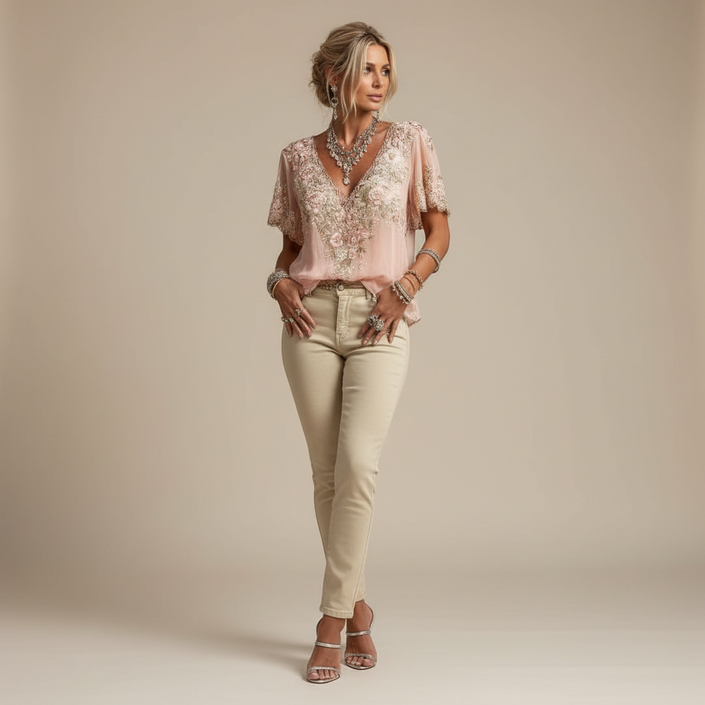 ELISE | Women’s Vintage Embroidered Floral V-Neck Top