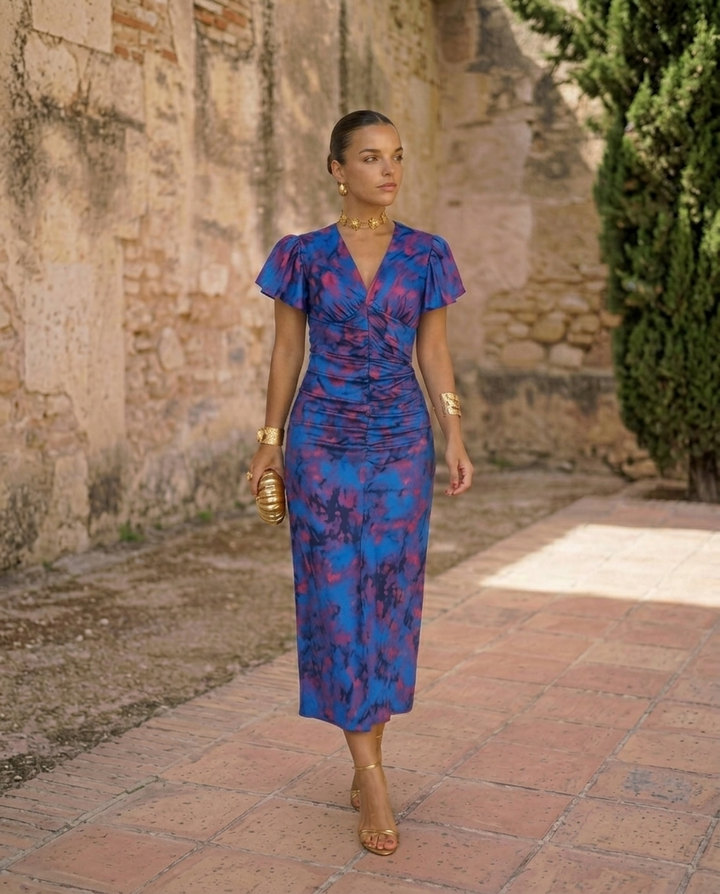 Carla | Printed Midi Dress with Puff Sleeves