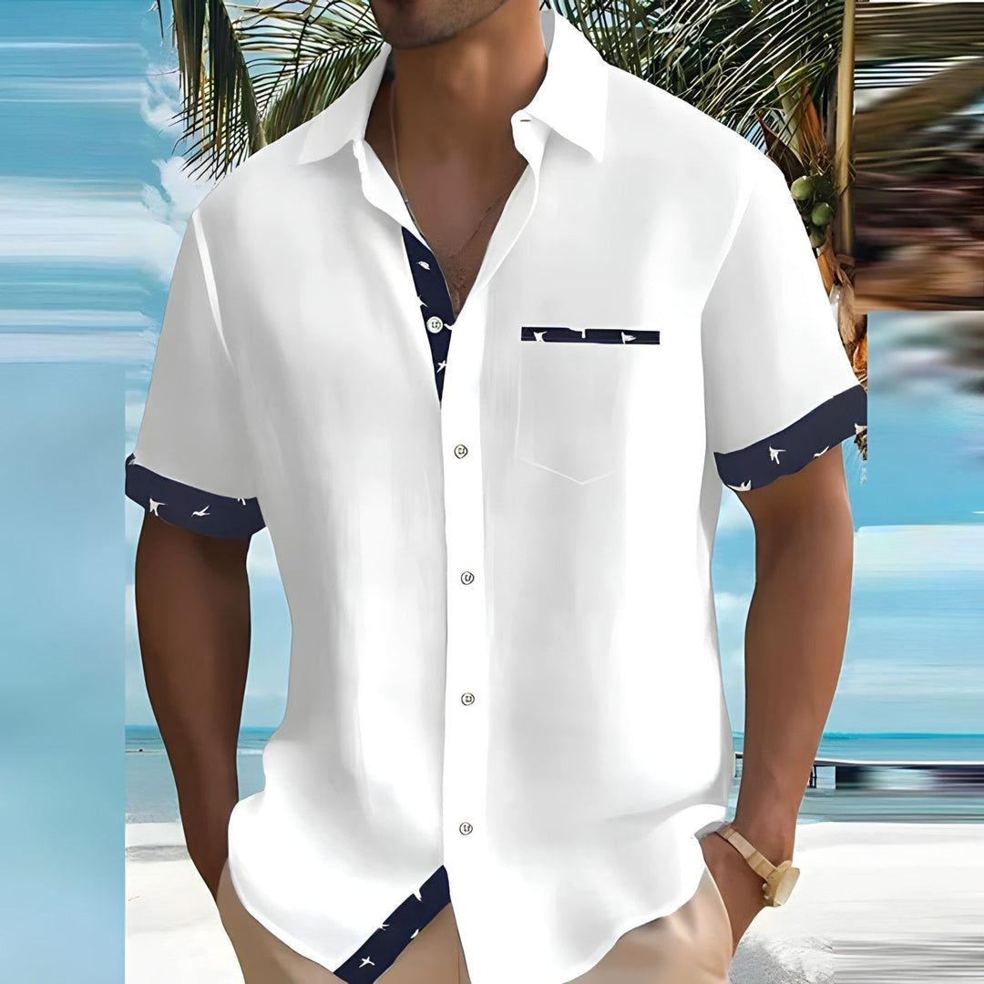 Men’s Summer Casual Shirt | Printed Trim, Short Sleeve