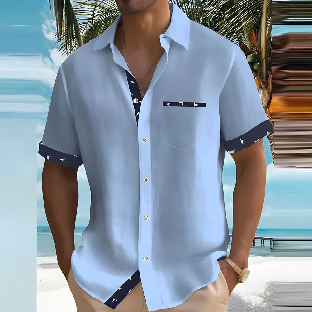 Men’s Summer Casual Shirt | Printed Trim, Short Sleeve