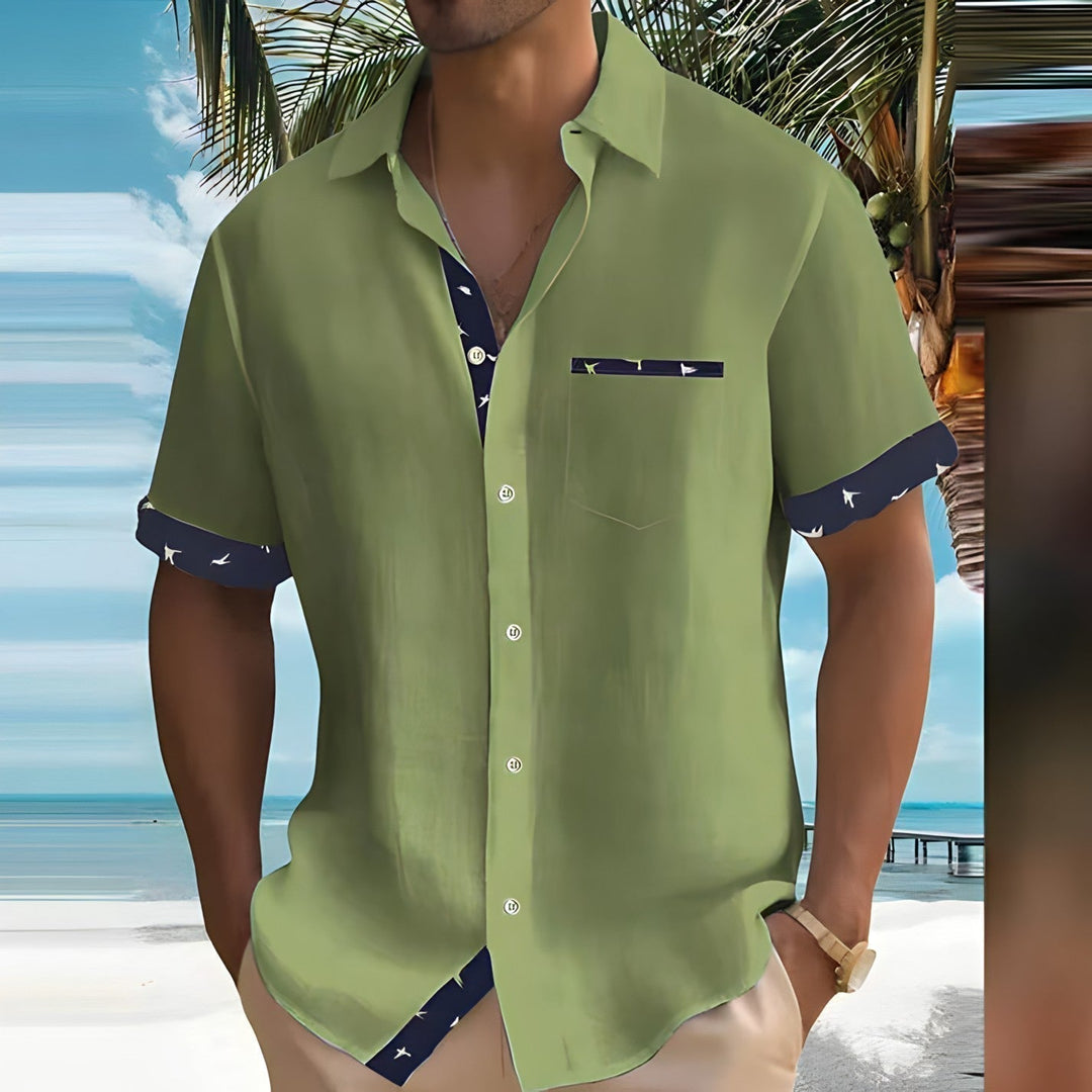 Men’s Summer Casual Shirt | Printed Trim, Short Sleeve
