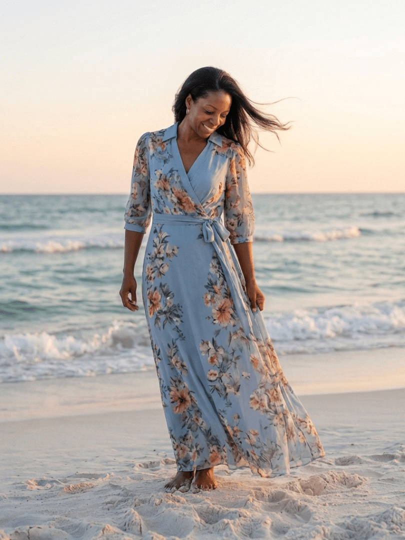 ELOWEN™ | Floral Wrap V Neck Maxi Dress